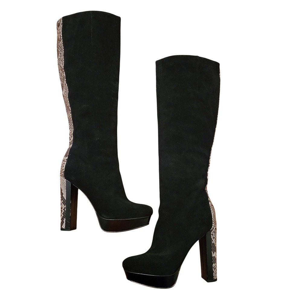 Calvin‎ Klein LACIE Black Suede Snakeskin Print Platform Tall Boots 6.5M